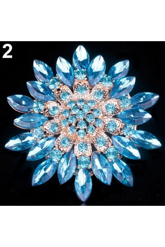 Women Shiny Alloy Rhinestone Flower Wedding Bridal Bouquet Brooch Pin-Blue