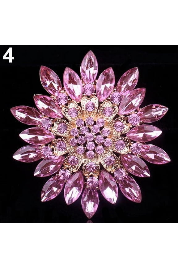 Women Shiny Alloy Rhinestone Flower Wedding Bridal Bouquet Brooch Pin-Pink