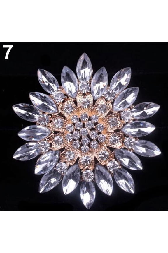Women Shiny Alloy Rhinestone Flower Wedding Bridal Bouquet Brooch Pin-White