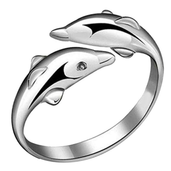 Yesbay Women Silver Plated Double Dolphin Opening Adjustable Finger Ring Gift Silver