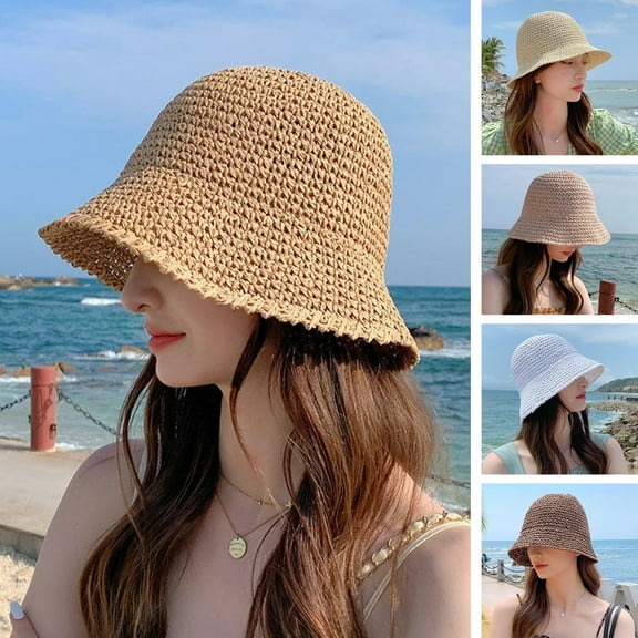 Yesbay Women Summer Woven Straw Bucket Sun Hat Foldable Wide Brim Hollow Breathable Sunscreen Beach Hat