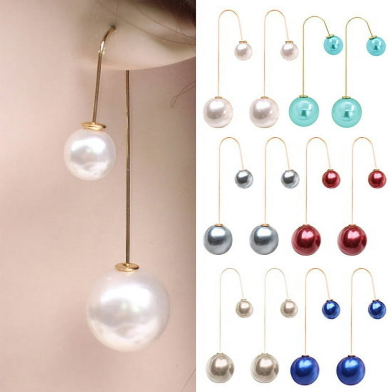 Yesbay Women U Shaped Double Sided Faux Pearl Ball Drop Dangle Earrings Party Jewelry Earrings