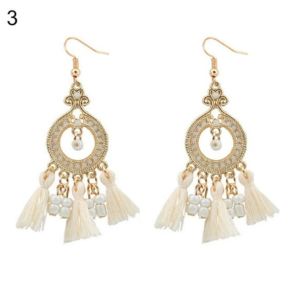 Yesbay Women Vintage Boho Tassels Pendant Drop Dangle Hook Earrings Eardrop Jewelry-Beige