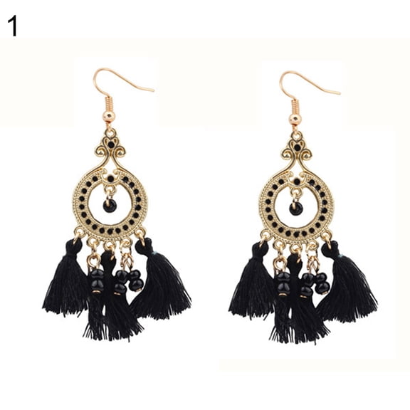 Yesbay Women Vintage Boho Tassels Pendant Drop Dangle Hook Earrings Eardrop Jewelry-Black