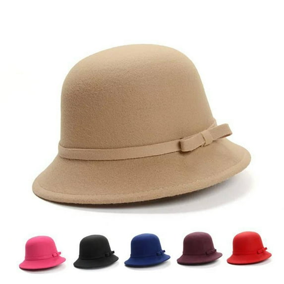 Yesbay Women Warm Woolen Bow Cloche Autumn Winter Bowler Hat Cap Khaki