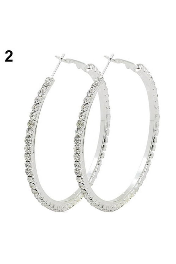 Women's 1 Pair Crystal Earrings Rhinestone Hoop Circle Dangle Jewelry-Silver