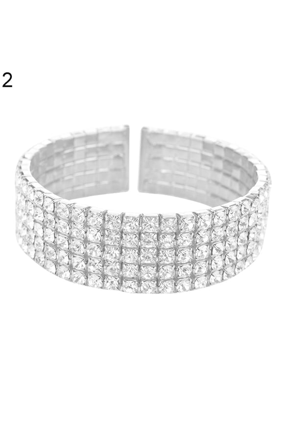 Women's 5 Rows Clear Rhinestone Wide Bracelet Cuff Open Bangle Bridal Jewelry-Silver
