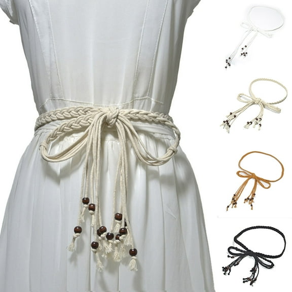 Yesbay Women's Bohemia Braided Beads Thin Skinny Waist Rope Belt Self-Tie Waistband Beige