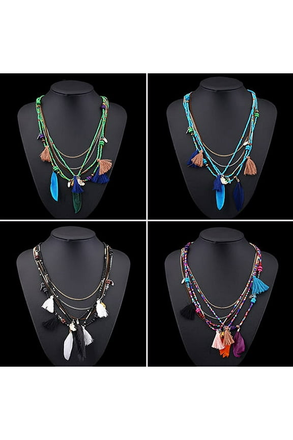 Women's Boho Ethnic Style Feathers Tassels Beads Multi-layer Chain Necklace,Necklace