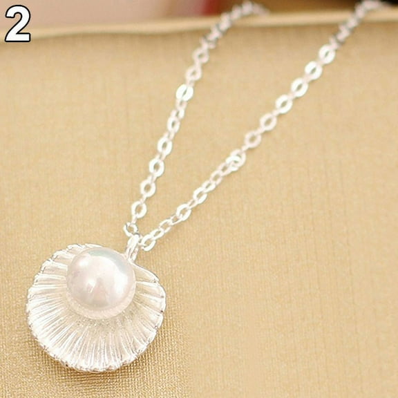 Yesbay Women\'s Elegant Faux Pearl Shell Charm Polished Necklace Gift Jewelry-Silver