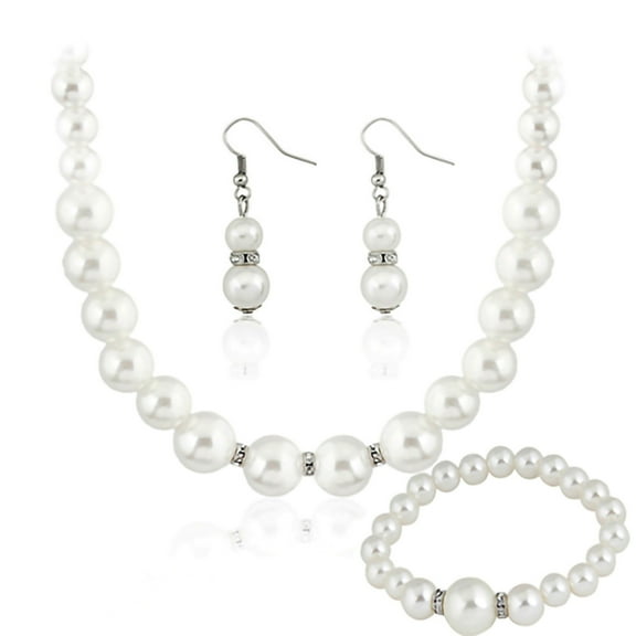 Yesbay Women's Faux Pearls Alloy Necklace Bracelet Earrings Wedding Bridal Jewelry Set-