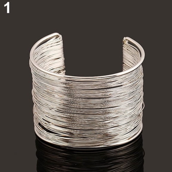 Yesbay Women's Multilayer Metal Wires Strings Open Bangle Wide Cuff Bracelet-Silver