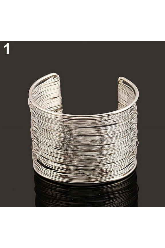Women's Multilayer Metal Wires Strings Open Bangle Wide Cuff Bracelet-Silver