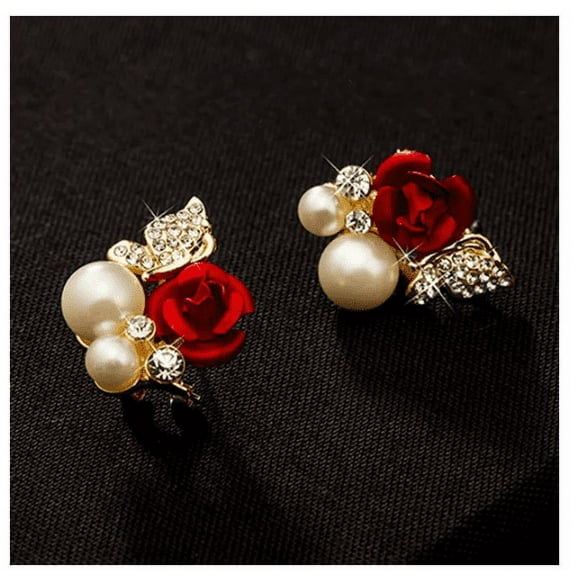 Yesbay Women\'s Red Rose Flower Faux Pearl Decor Ear Stud Earrings Jewelry Gift-