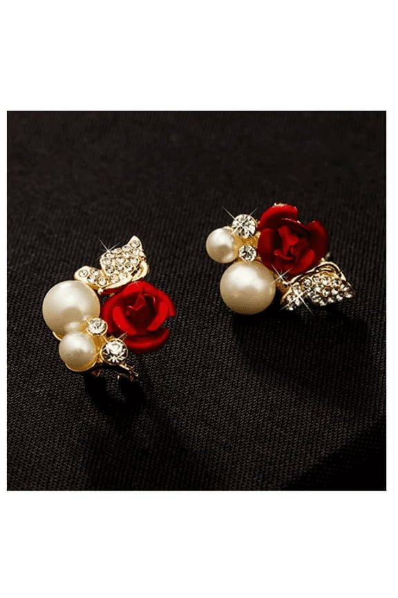 Women\'s Red Rose Flower Faux Pearl Decor Ear Stud Earrings Jewelry Gift-