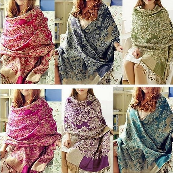 Yesbay Women's Retro Ethnic Style Flower Pattern Tassels Long Warm Shawl Pashmina Scarf Purple