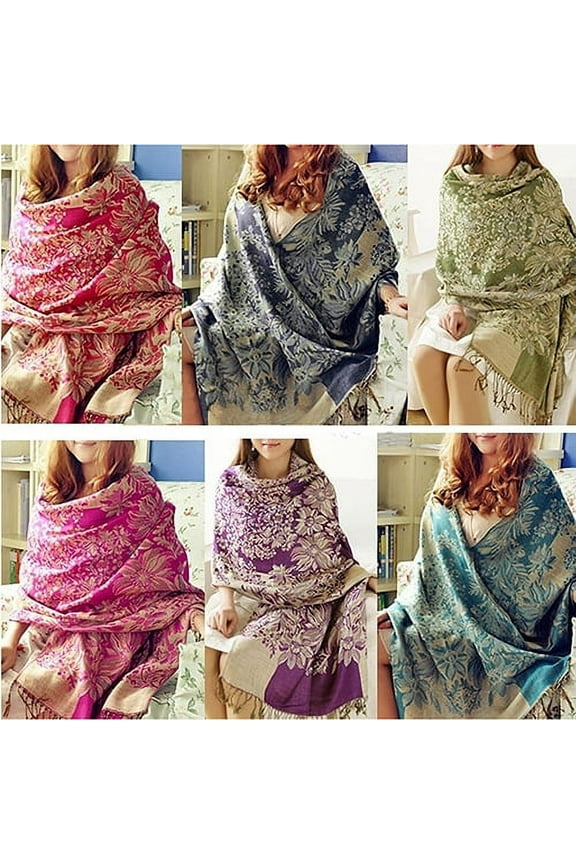 Women's Retro Ethnic Style Flower Pattern Tassels Long Warm Shawl Pashmina Scarf Sky Blue