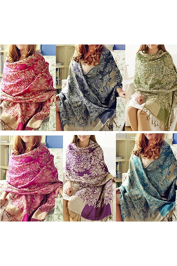 Women's Retro Flower Pattern Tassels Scarf, Dark Blue