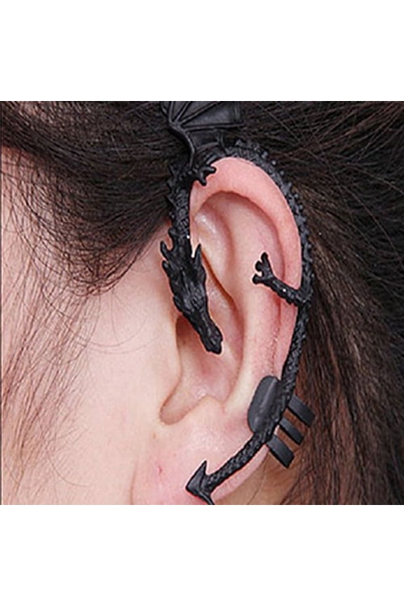 Women's Retro Gothic Punk Etched Dragon Shape Ear Cuff No Piercing Earring-Black