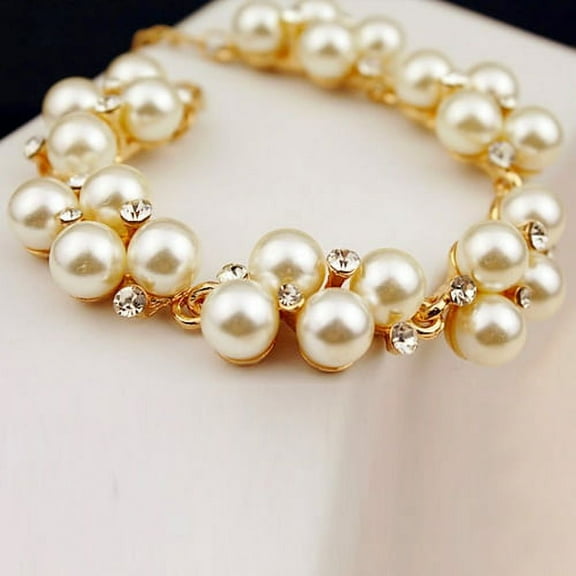 Yesbay Women\'s Rhinestone Faux Pearl Beads Bracelet Bangle Jewelry Charm Gift-