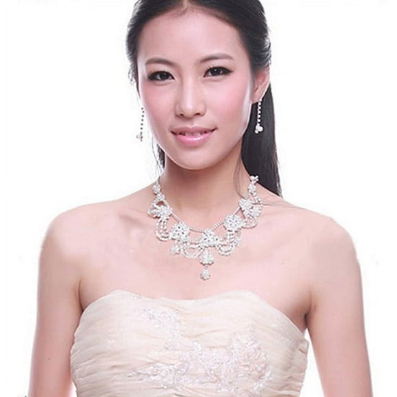 Yesbay Women\'s Rhinestone Faux Pearl Necklace Earring Wedding Bridal Jewelry Set-