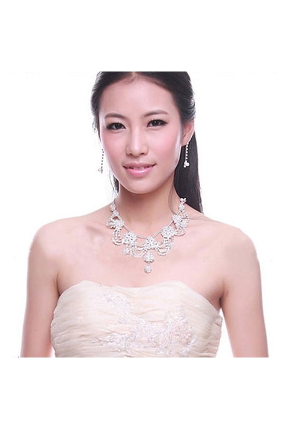 Women's Rhinestone Faux Pearl Necklace Earring Wedding Bridal Jewelry Set-