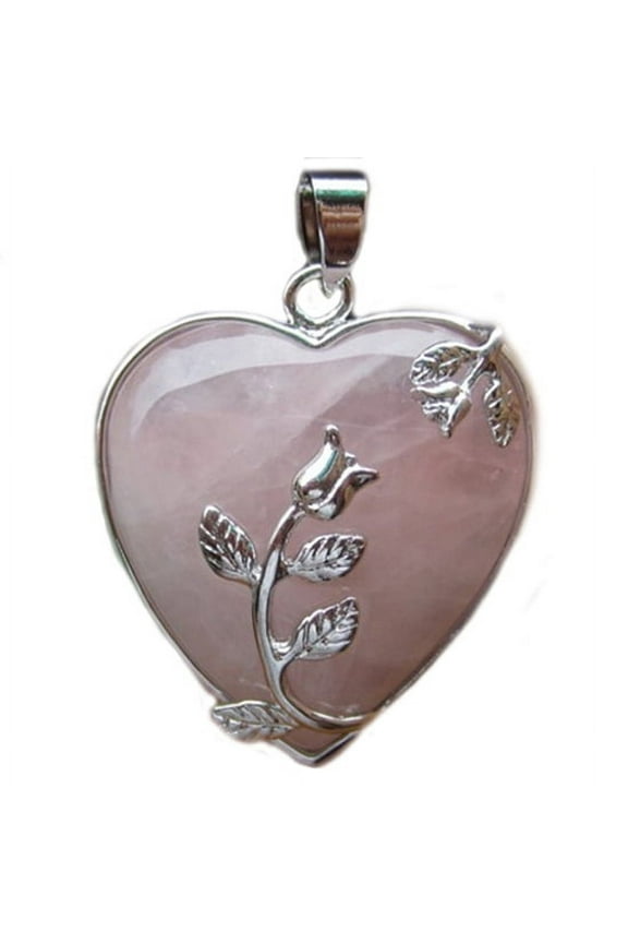 Women's Rose Quartz Alloy Flower Necklace Pendant Heart Inlaid Charm Jewelry-