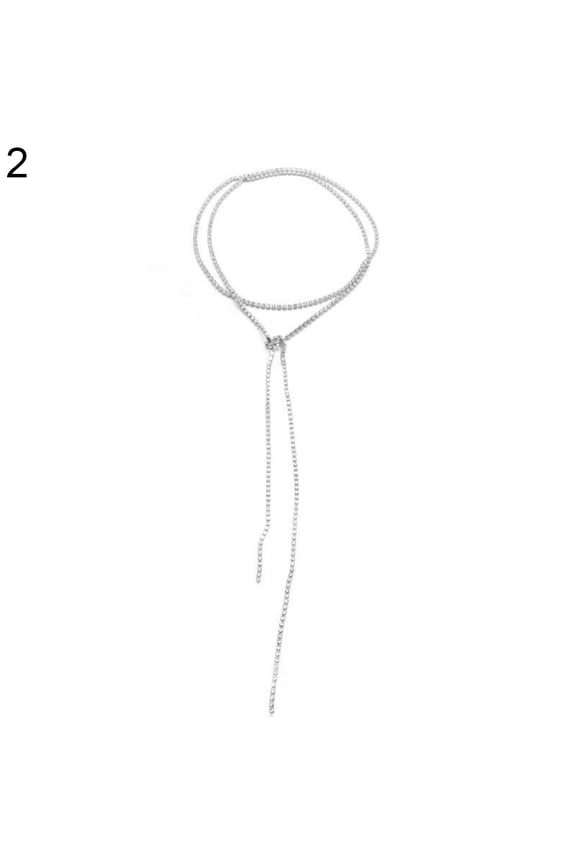 Women's Stylish Bling Rhinestone Long Cup Chain Tie up Choker Party Necklace-Silver