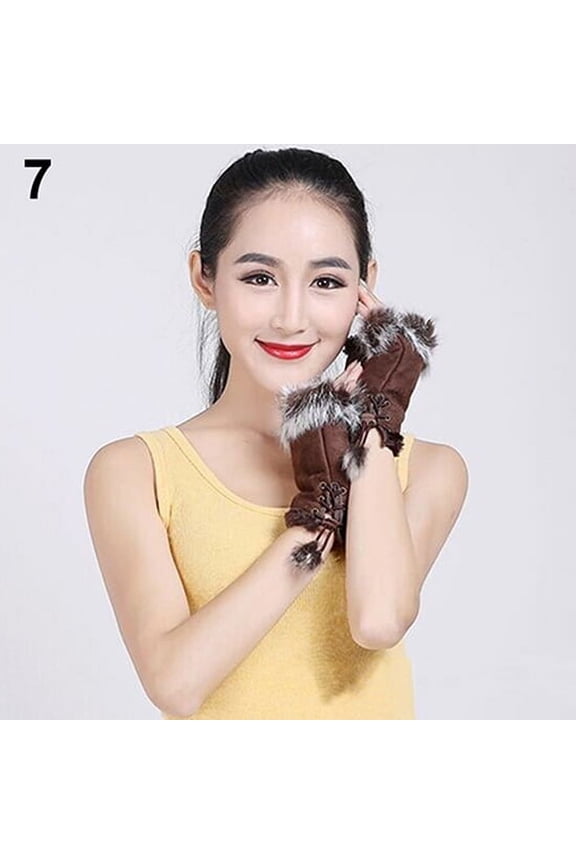 Women\'s Winter Faux Rabbit Fur Faux Leather Fingerless Mittens Wrist Gloves-Coffee