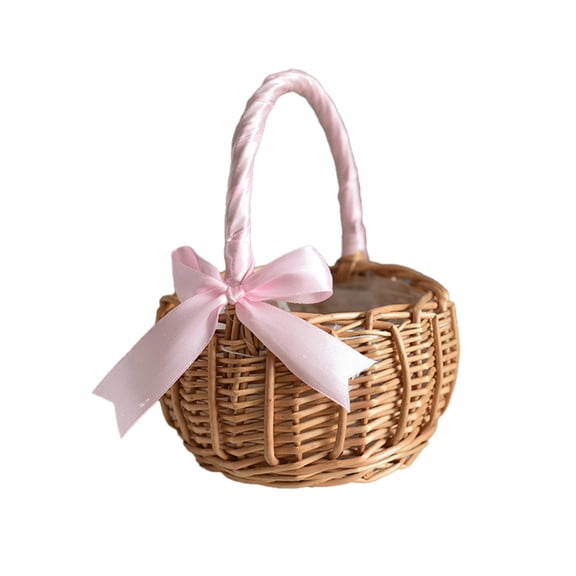 Yesbay Woven Storage Basket Handle and Ribbon,Wedding Flower Baskets,Wicker Rattan Flower Basket for Home Garden Decor