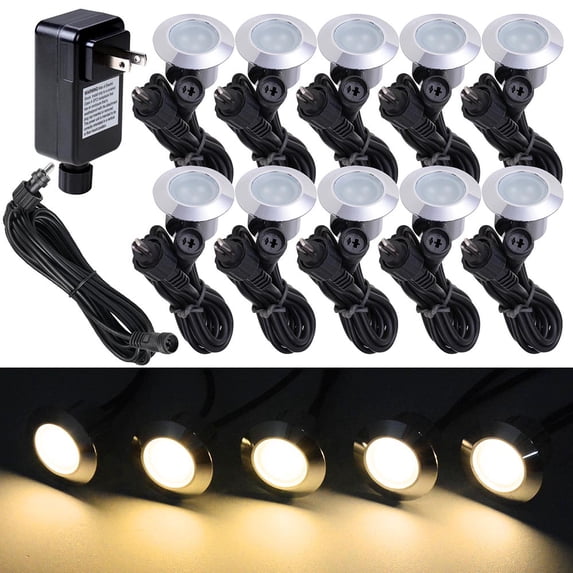 Yescom 10-Pack 3000K Warm White IP67 Outdoor LED Deck Lights, 12V Low Voltage Landscape Lighting with Transformer, In-Ground Step Lights