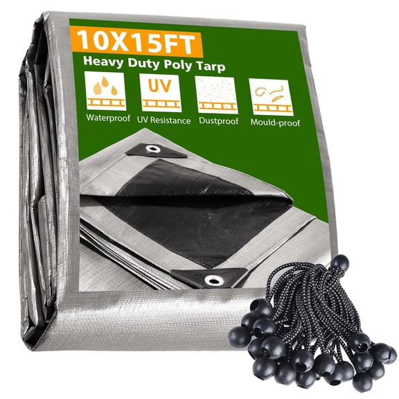 Yescom 10x15FT 10-Mil Plastic Tarp Waterproof Heavy Duty with 25PCS 6" Ball Bungee Cords Furniture Cover Livestock Shelter