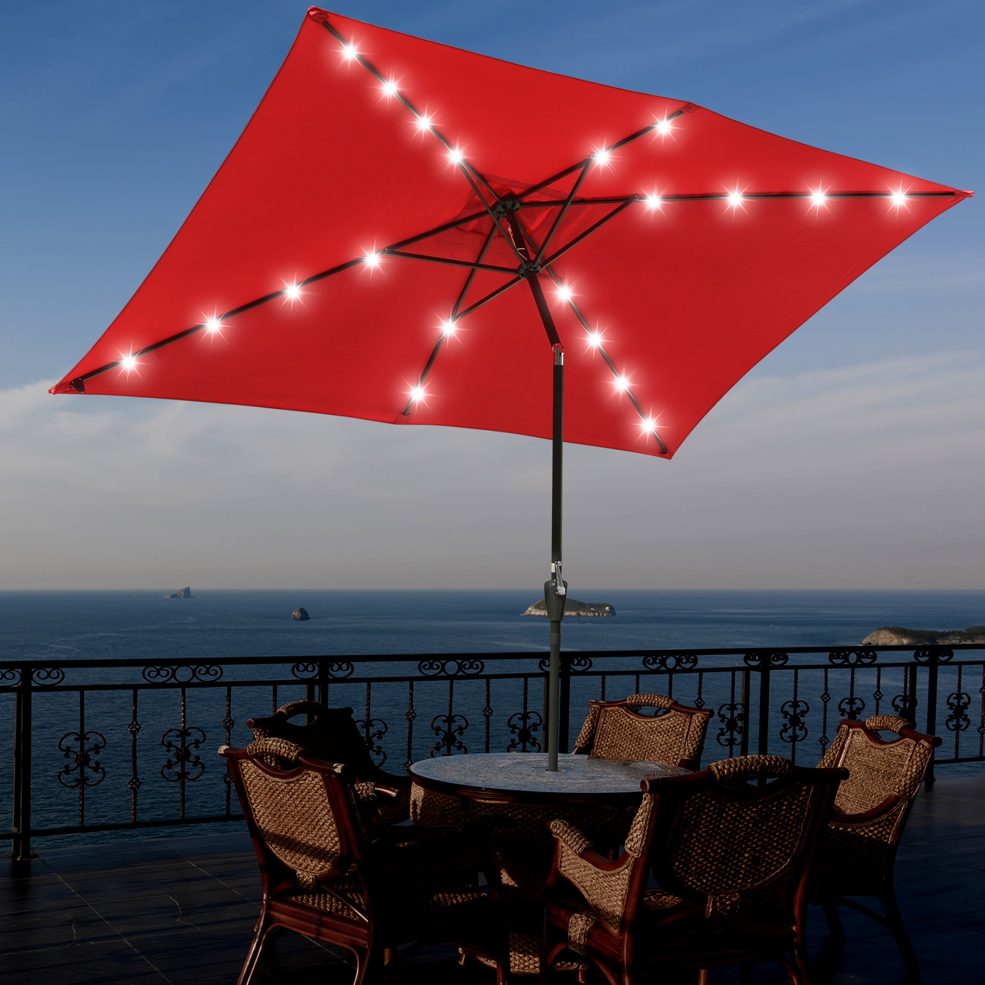 Red Solar LED Lighted Aluminum Patio Beach Umbrella