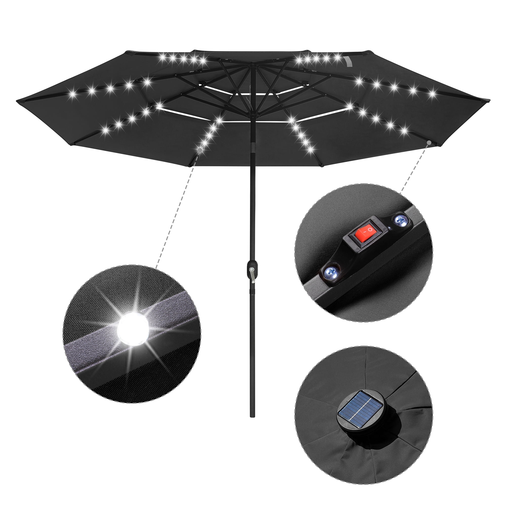 11 Ft 3 Tier Patio Umbrella with Solar LED UV70+ Crank Tilt