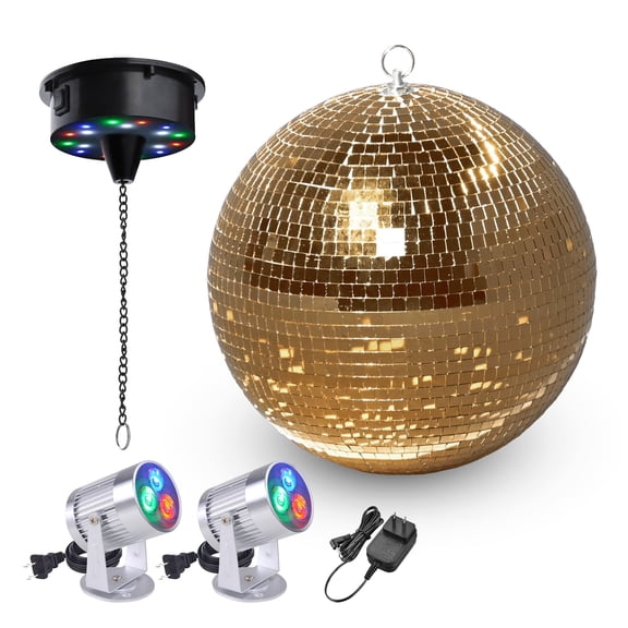 Yescom 12" Large Disco Ball with Motor and Light 6RPM Rotator & 2PCS 3W RGB Spotlights for 70s 80s Party DJ Bands Club Event Champagne Gold