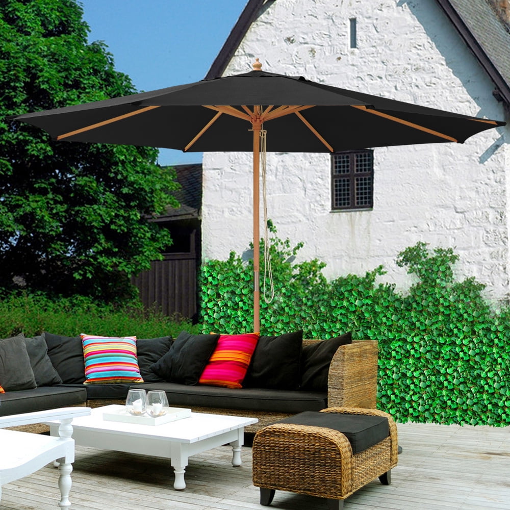 13 Ft Wooden Patio Umbrella 8 Ribs Table Parasol Rope Pulley Outdoor Garden Yard