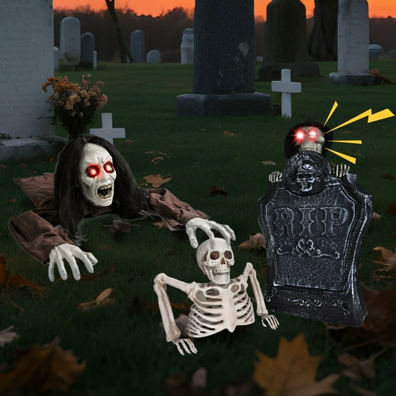 Yescom 15" Animated Halloween Tombstone & Half Skeleton with 6" Zombie Groundbreaker