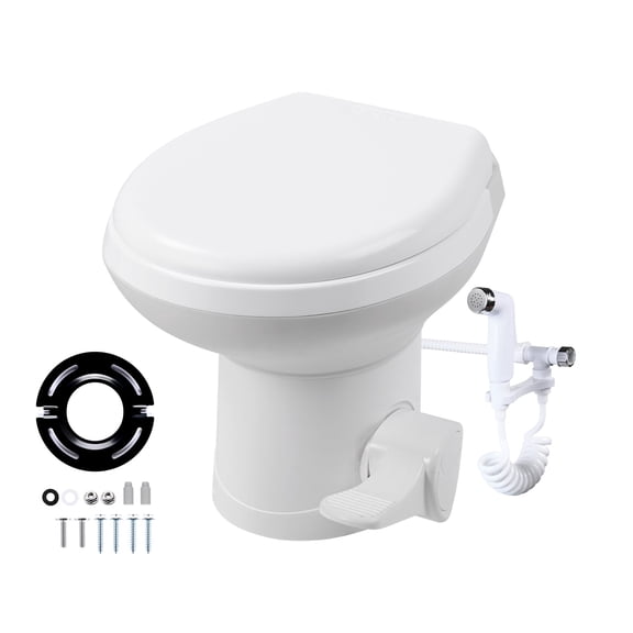 Yescom 15" Low Profile RV Toilet HDPE Gravity Flush with Bidet Sprayer Foot Pedal Standard 8" Dia. Floor Flange for Motorhome Travel Trailer Vans