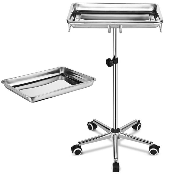 Yescom Mayo Stand with 2 Pack Trays Adjustable Height 31"-48" Stainless Steel with Handle Lockable Wheels Trolley