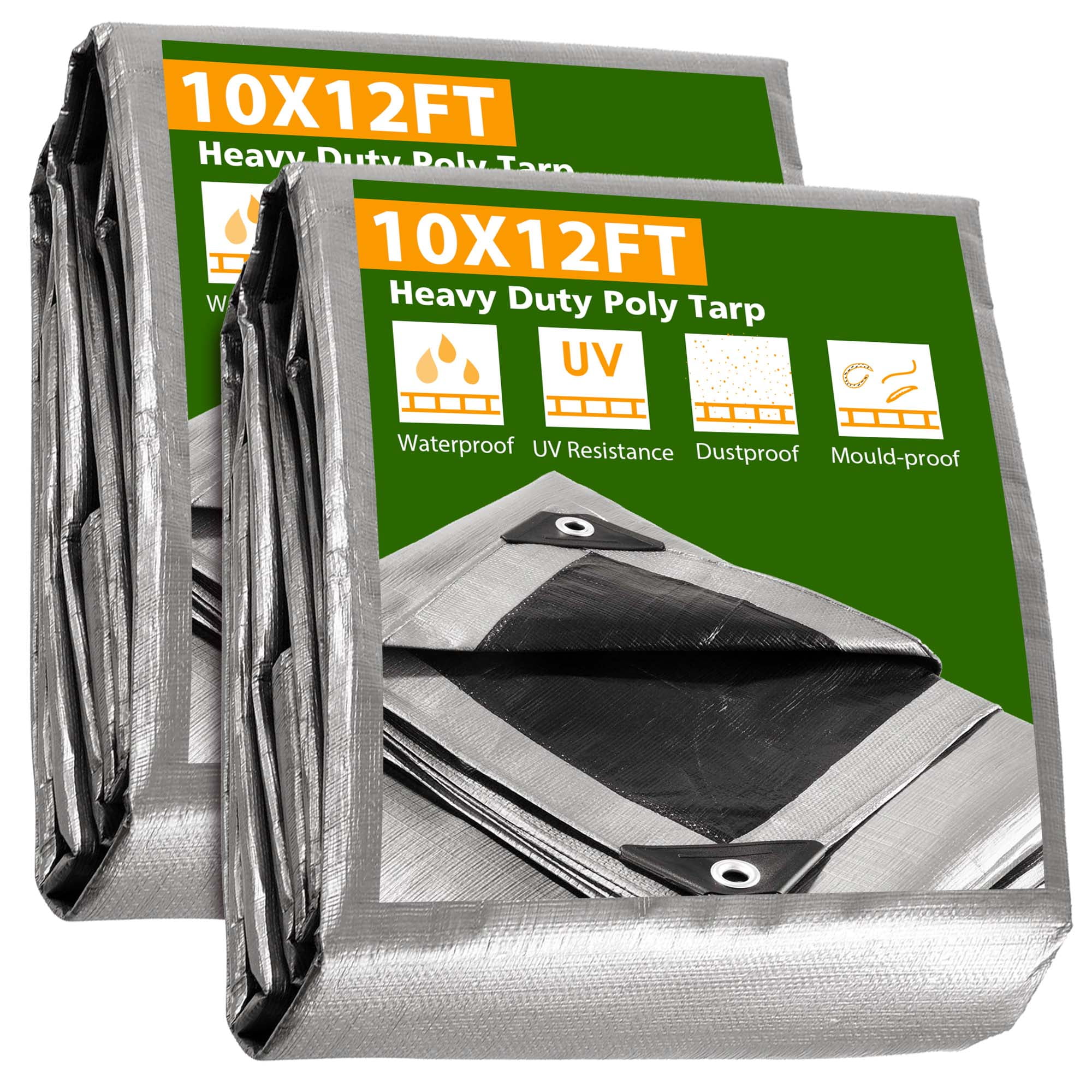 2 Pack 10x12 Ft Waterproof Poly Tarp 10mil Heavy Duty Haystack