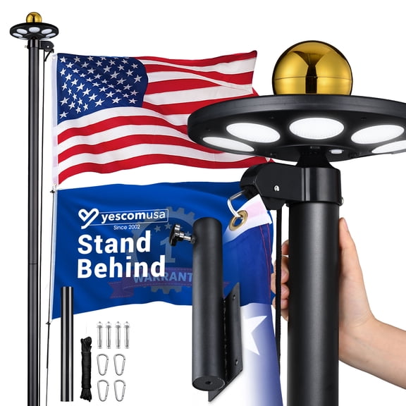 Yescom 20ft 13 Gauge Flag Pole Wall Mount Kit w/ Solar Light Deck Mount US Flag