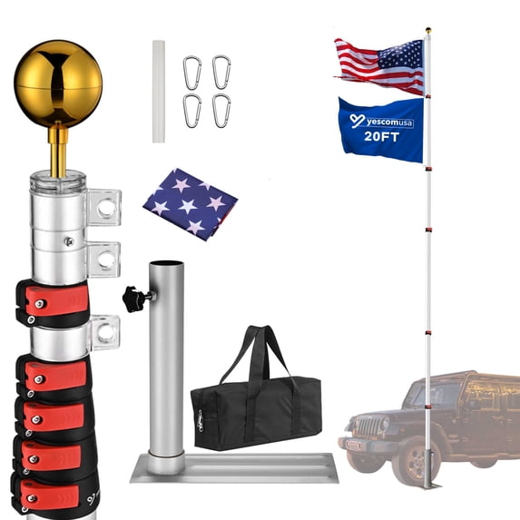 Yescom 20ft Telescopic Aluminum Flag Pole + Wheel Tire Mount Stand Kit 3'x5' Us Flag & Ball Top Telescoping Flagpole