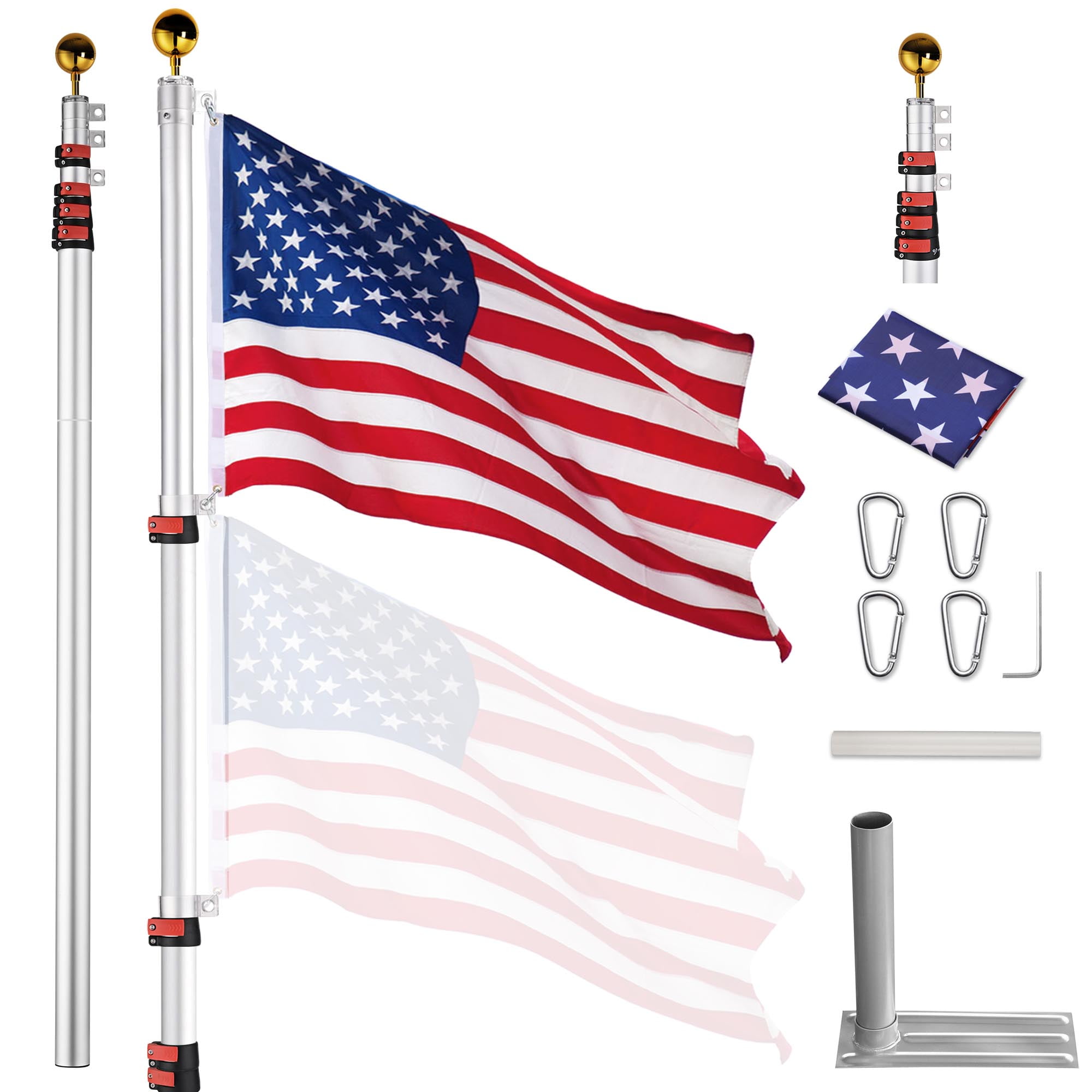 25ft Silver Telescopic Aluminum Flagpole Kit with US Flag and Gold Ball Top