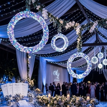 Yescom 3pcs Pre-Lit LED Wreath Hanging Ring Lights Iridescent Decor for Floral Window Display Party Wedding, Holographic Hoop Gala Decoration