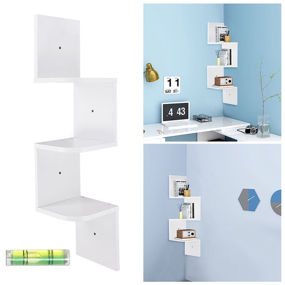 Yescom 3 Tiers Zig Zag Floating Wall Mount Corner Shelf Wooden Display Shelves Storage Organizer with Gradienter White