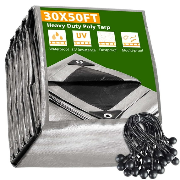 Yescom 30x50FT 10-Mil Plastic Tarp Waterproof Heavy Duty Tarpaulin with 25PCS 9" Ball Bungee Cords Reversible Green House Pool