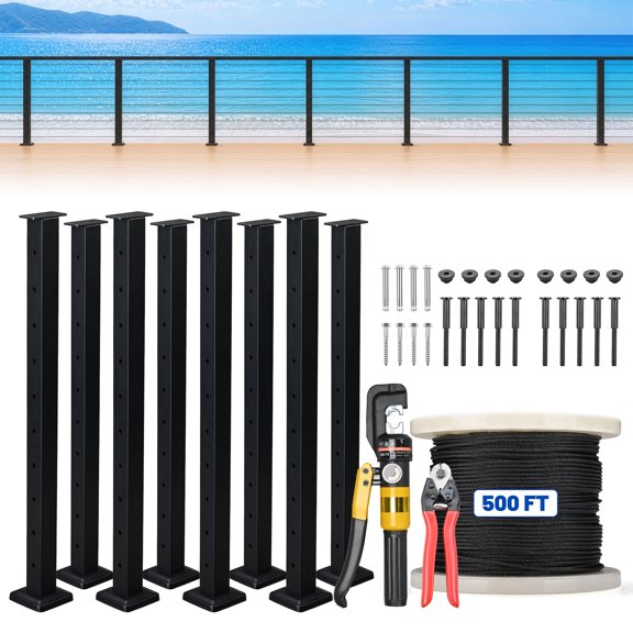 Yescom 36" Black Cable Railing Post x8 Complete Set with 1/8" Cable Wire Hardware Installation Tools for 25-35ft Horizontal Deck Railing