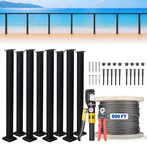 Yescom 36" Cable Railing Post x8 Complete Set with 1/8" Silver Cable Wire Hardware Installation Tools for 25-35ft Horizontal Deck Railing
