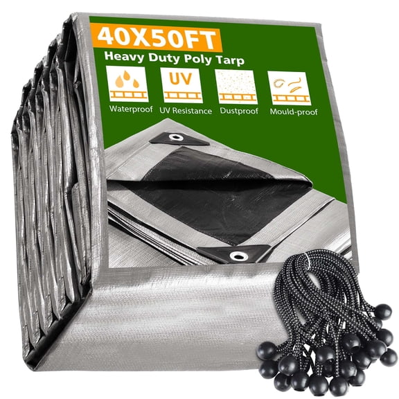 Yescom 40x50FT 10-Mil Plastic Tarp Waterproof Heavy Duty Tarpaulin with 25PCS 9" Ball Bungee Cords Reversible Green House Pool