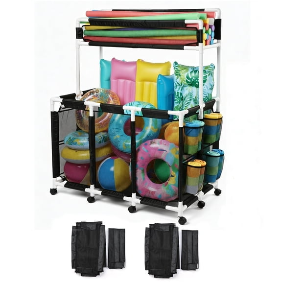 Yescom 424 Gal Pool Float Storage Bin Black Net Replacement 52"x33"x67" 2 Tiers Rolling Toys Cart